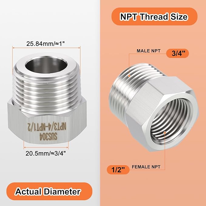 1 Pack 304 Stainless Steel Male to FeMale Adapter, 3/4" Male NPT x 1/2" FeMale NPT Hex Bushing Reducer for Industrial, Automotive, Fluid Transfer, Home Gardening, Water Treatment