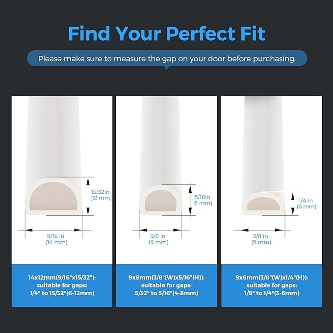 Silicone D-Shaped Weather Stripping Door Seal, 23FT Self Adhesive Door Insulation Strip, Fits Gaps up 1/8" to 1/4", for Door Frame & Window Seal (White, 3/8" W × 1/4" T)