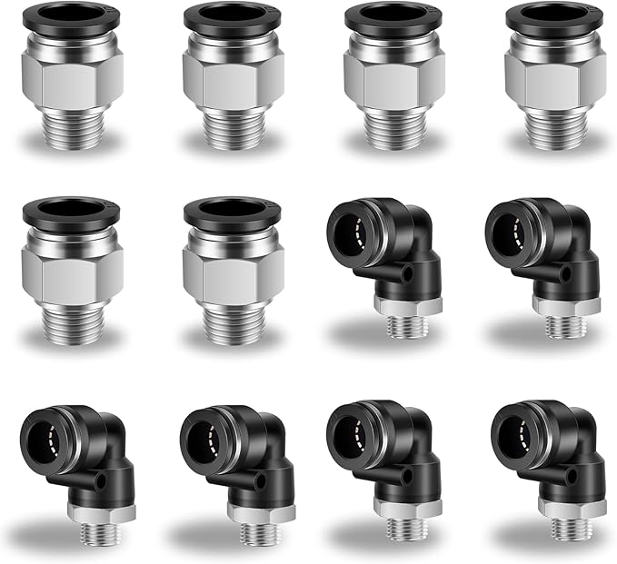 12 Pcs Push to Connect Fittings 1/2 Inch Tube OD x 1/4 Inch NPT Thread Pneumatic Male Straight and Elbow Quick Connect Air line fittings