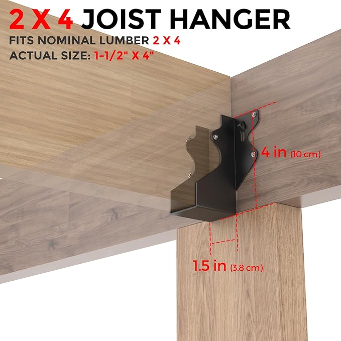20Pcs Black 2x4 Joist Hangers for Wood,18 Gauge Metal Face Mount Joist Hanger,Lu24 Joist Hangers Powder Coating,Hurricane Ties for Rafter,Rafter Brackets 2x4 for Deck,Floor,Roof Overhang,Ceiling Joist