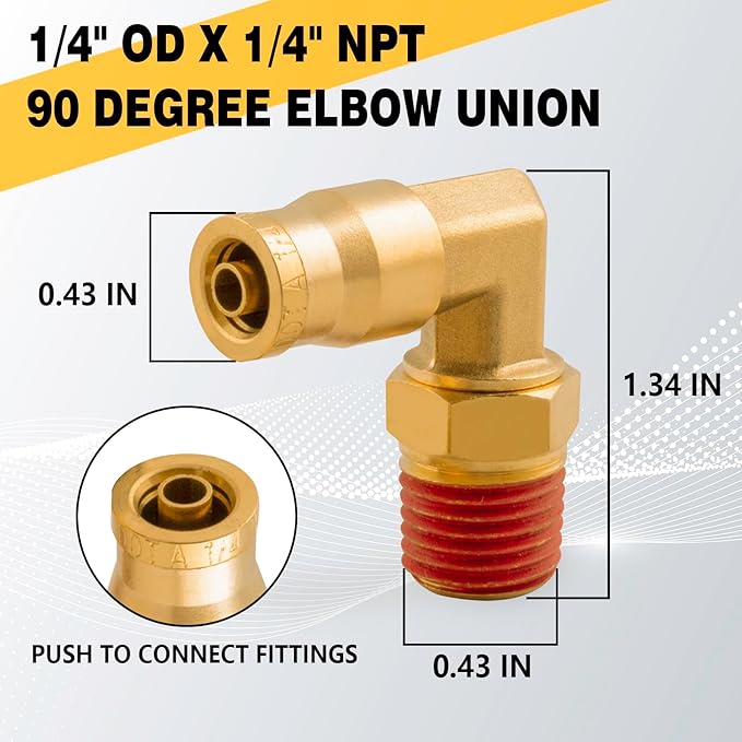 1/4" 90 Degree Elbow Union Brass DOT Push to Connect Air Line Fittings, 1/4" OD Tube x 1/4" NPT Air Brake Line Quick Fitting Connectors for Truck Trailers or Industry Air System(5PCS)