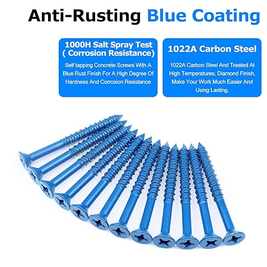 100PCS Concrete Screws Assortment Kit, 1/4" x 2-3/4" Masonry Screws with Drill Bit and Driver Bit, Flat Head Cement Screws and Anchor, Diamond Point, Self Tapping Concrete Brick or Stucco, Blue Coated