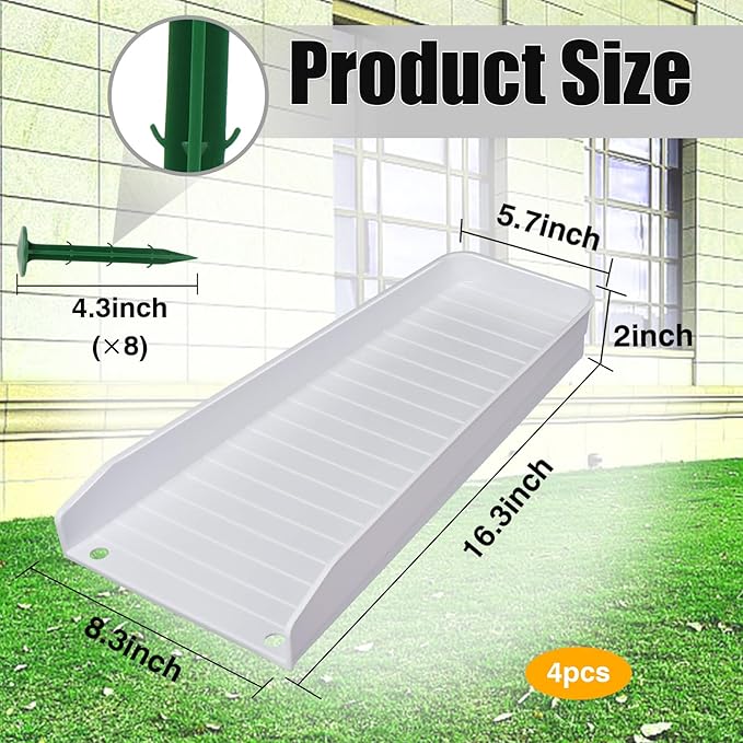 4-Pack Rain Gutter Downspout Splash Block - 16" Fixable Gutter Downspout Extension for Rainwater Drainage, Ladder Downwards Design with 8 Fixed PP Nails (White)