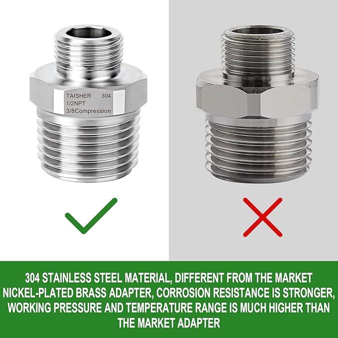 TAISHER 2PCS 304 Stainless Steel Reducer Faucet Adapter 1/2" NPT × 3/8" Compression Pipe Fitting for RV kitchen bathroom faucet supply line adapter with rubber gasket