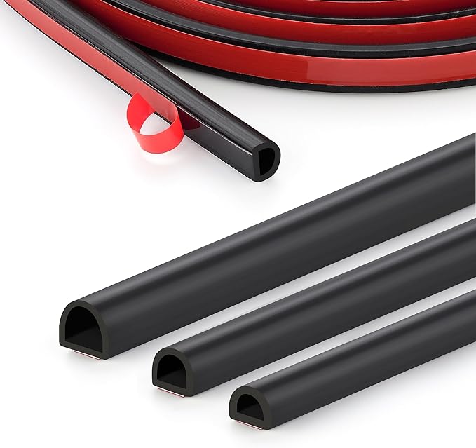 Silicone D-Shaped Weather Stripping Door Seal, 23FT Self Adhesive Door Insulation Strip, Fits Gaps up 1/8" to 1/4", for Door Frame & Window Seal (Black, 3/8" W × 1/4" T)