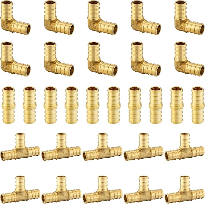 30 Pack Foskan 3/4 Inch PEX Brass Fittings Set, 10 PCS Each,Includes Elbows Tees Straight Couplings, PEX Crimp Barb Fitting Kit
