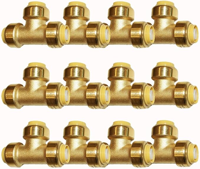 HQMPC 3/4" Pex Tee Push Fit Plumbing Fitting, Push-to-Connect, Brass, 12 Pack