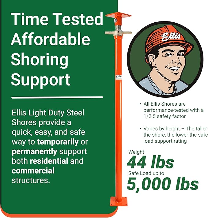 Ellis Manufacturing Light-Duty Steel Lifting Shore and Jack Post – House Jack for Foundation, Floor Leveling, and Concrete Bracing – 5,000 lb Safe Load Capacity – 85"-109" Adjustment