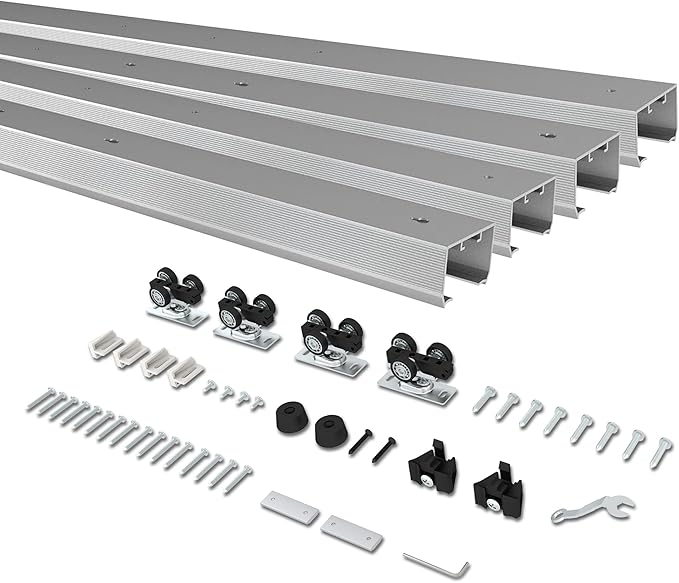 10FT Double Pocket Door Track Kit, 2 Sets of 56.7" Spliced Rail, Suitable for Double Door Width 48"-60"(Single Panel 24"-30"), Slide Quietly and Smoothly, Easy to Install