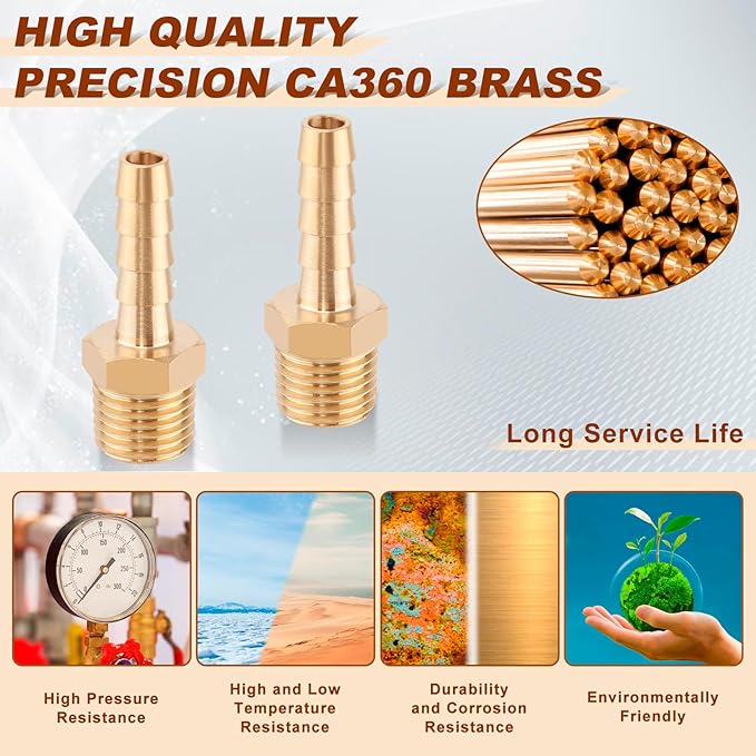 5pcs Brass Hose Barb Fittings 1/4 Inch Barb to 1/4 Inch NPT Male Thread Air Hose Fittings Adapter Connector Water Fuel Air Line Fittings 1/4” Barb × 1/4” NPT Brass Fittings