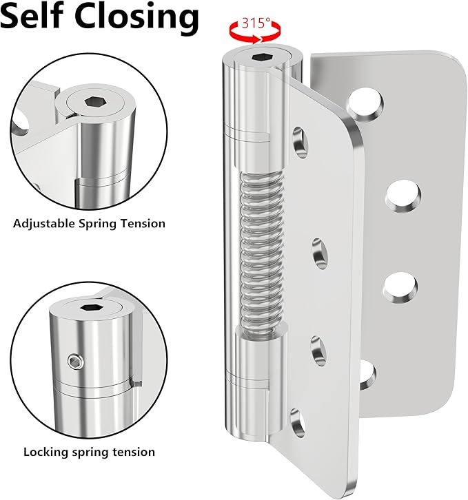 Self-Closing Door Hinges 4-Inch 304 Stainless Steel 2 Pack Spring Hinge Heavy Duty With Rounded 5/8" Radius Corner Adjustable Tension