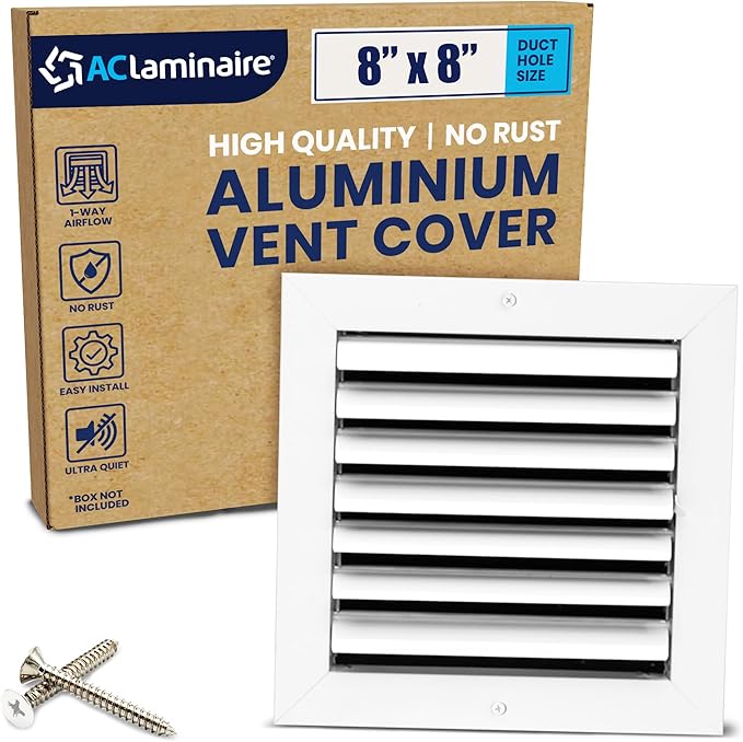 8x8 Inch (Duct Opening) Aluminum 1-Way Air Flow Vent – HVAC Vent Cover for Wall or Ceiling – Quiet HVAC Wall Register - Multi-Shutter Damper – Adjustable Curved Blade - Plastic Seal for Tight Fit