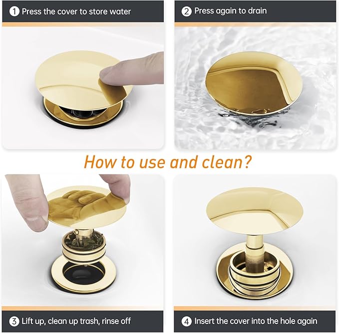 Glod Pop Up Bathroom Sink Drain with Overflow - Fits 1-5/8" to 2" Holes, 304 Stainless Steel for Vanity/Vessel Sink