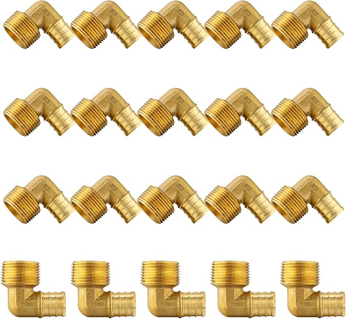 (20-Pack) PEX Fittings, Pex 3/4" x 1/2" Male Threaded NPT Elbow Adapter, Brass Crimp Fittings, for PEX Tubing Pipe Plumbing, ASTM F1807(PEX1807101-20Pack)