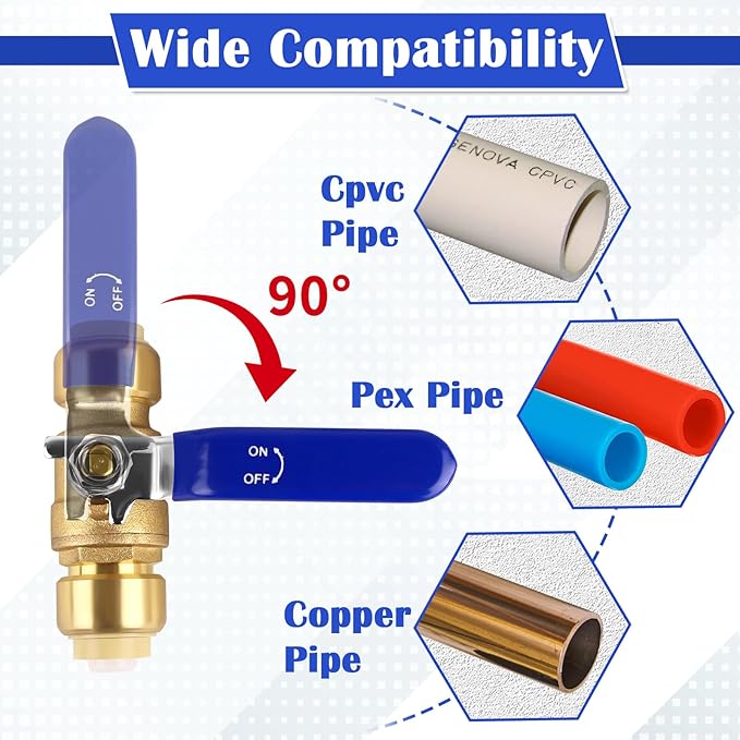 Push Fit Ball Valve, 2pcs 1/2 Inch x 1/2 Inch Push-to-Connect Water Shut Off Valve with 1 Disconnect Clip, Brass Plumbing Water Valve, Pex Push Ball Valve, Used for PEX or PVC Tubing or Copper Pipes