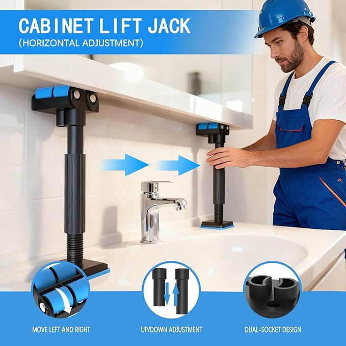 Cabinet Jacks with Horizontal Adjustment, Cabinet Lift Jack 2pk Adjustable Support Pole (7.5-17.3 in, 220 Lb), Third Hand Tool for Bathroom/Mirror Cabinet Installation Practical Furniture Lifter