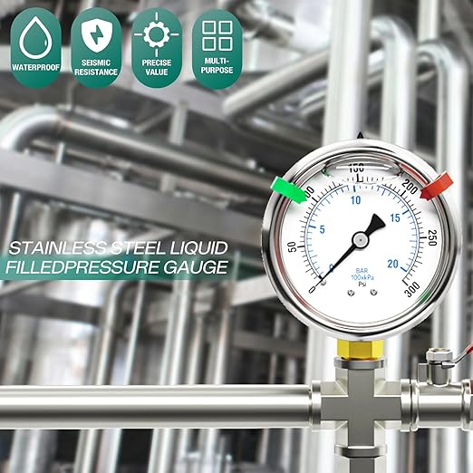 0-300psi Stainless Steel 1/4" NPT 2.5" Dial, Glycerin Liquid Filled Pressure Gauge Lower Mount Designed for Pressure Testing of Water, Oil and Air (with Range Mark Pointer)