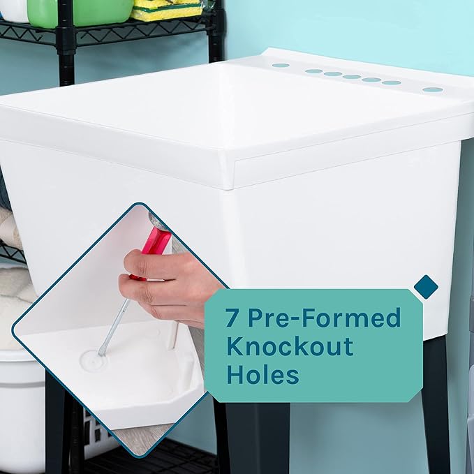 Utility Sink Extra-Deep Laundry Tub in White with High-Arc Coil Pull-Down Sprayer Faucet in Matte Black, Integrated Supply Lines, P-Trap Kit, Heavy Duty Floor Mounted Freestanding Wash Station