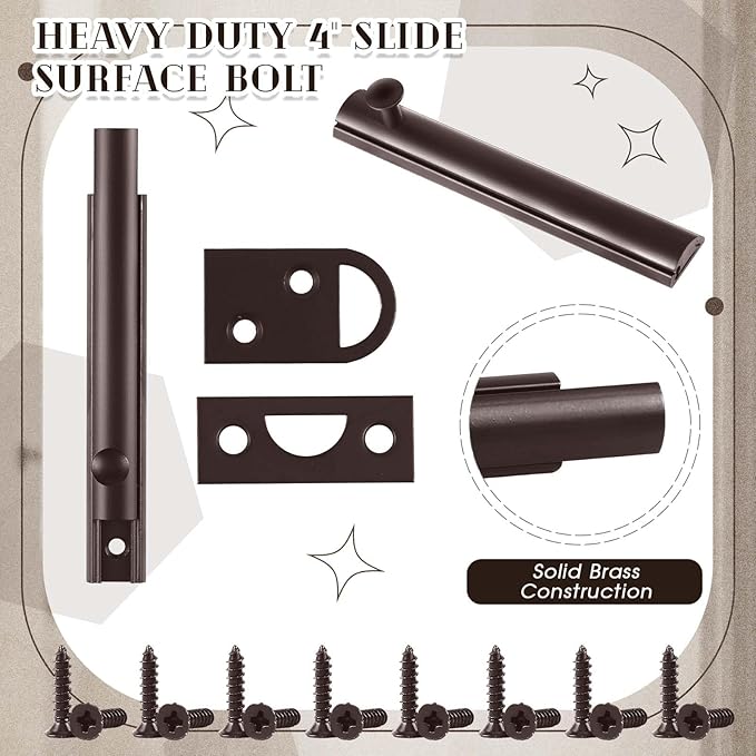 Lothee 4 Pcs Solid Brass Surface Bolt Door Slide Bolt Door Latches for Top of Slide Latch Lock(4'',Oil Rubbed Bronze)