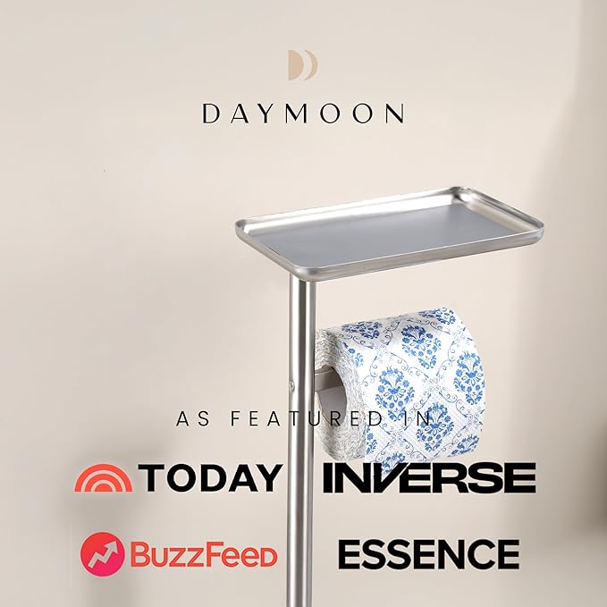 Day Moon™ Brushed Nickel Toilet Paper Holder Free Standing Toilet Paper Holder with Storage - Toilet Paper Stand and Tissue Holder for Bathroom - Toilet Paper Holder with Shelf and Wipe Holder
