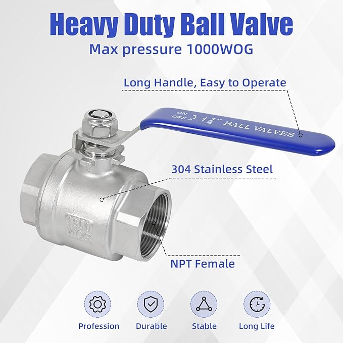 YADIAN 2 Pack 1-1/2'' Ball Valve NPT Female Full Port 304 Stainless Steel 1-1/2 inch Ball Valve Heavy Duty Shut Off Valve for Water, Oil, and Gas with Blue Locking Handles, 1000 WOG