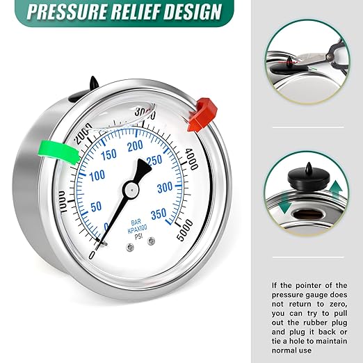 0-5000psi Stainless Steel Glycerin Liquid Filled Pressure Gauge 1/4" NPT 2.5" Face Dial Center Back Mount, for Water, Oil and Air Pressure Testing (with Range Mark Pointer)
