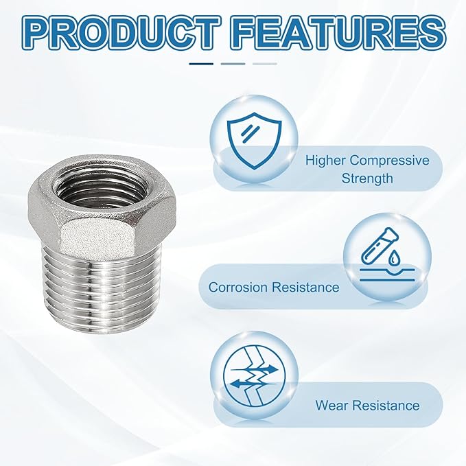 PATIKIL 304 Stainless Steel Reducer Hex Bushing 2Pcs, 3/8" BSPT Male to 1/4" BSPT Female Pipe Reducing Adapter Fitting Connector for Water Gas Hydraulic Pipes Shower Hose, Silver