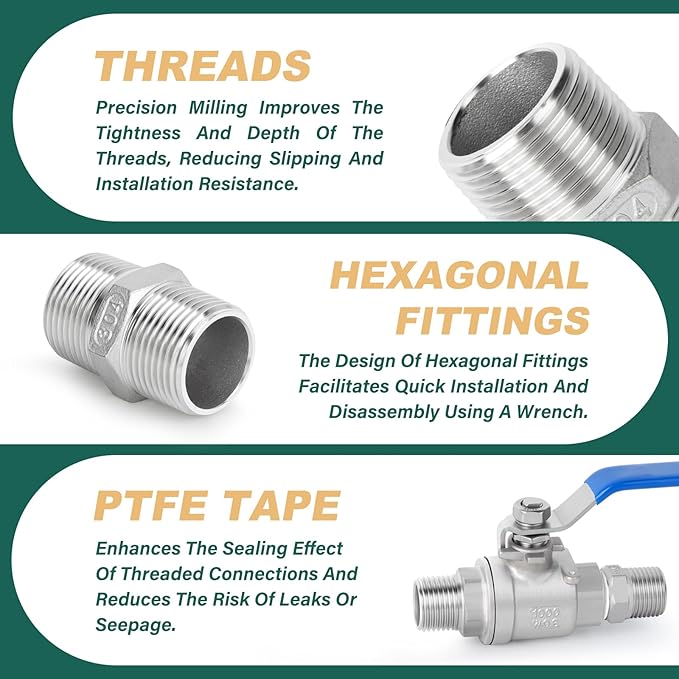 2PCS 304 Stainless Steel Hex Nipple, 1-1/4" Male NPT Straight Head Pipe Adapter Fittings, Equal Nipples Connectors for Oil, Water Line, Gas