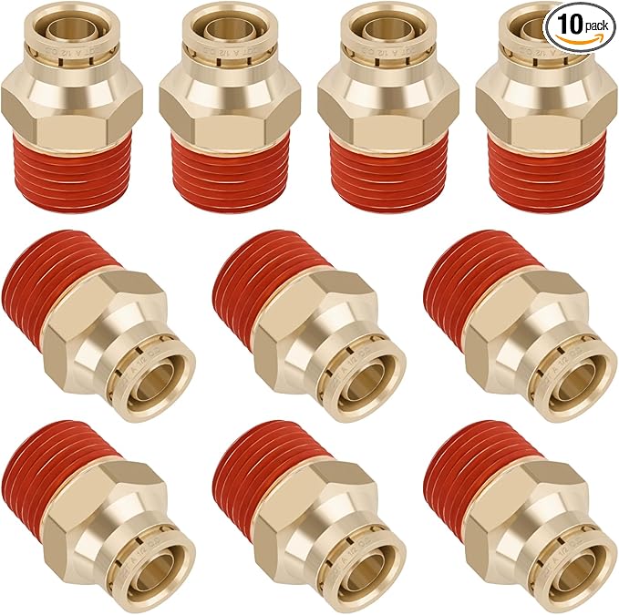 1/2" Quick Push to Connect Fittings Brass Union Straight Joint DOT Approved 1/2" Tube OD x 1/2" NPT Thread Air Line Adapter Air Suspension Kit for Truck Trailers and Air Brake System 10pcs