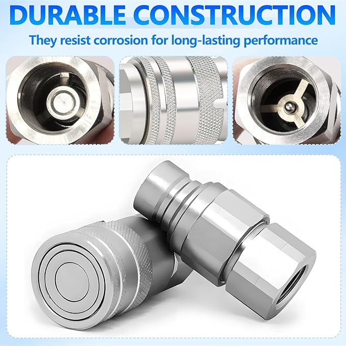 1/2’’ NPT Flat Face Hydraulic Quick Connect Couplers/Couplings with Dust Caps, The Universal Bobcat Flat Face Quick Connect Fittings with with 1/2’’ Body ISO 16028 Standard-2Set