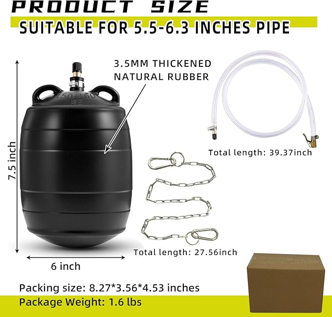 Test-Ball Pipeline Plugging Air Bag,Sewer Test Plug，Water Shut Off Airbag, Rubber Plumbing Balloon，Inflatable Pipe Test Plug，Used for Drainage Pipe, Sewage Pipe Temporary Water Blocking (6 Inchs)