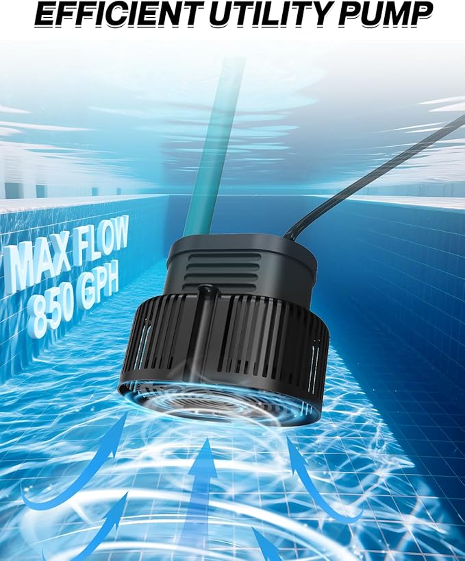 Pool Cover Pump Above Ground - Submersible Sump Pump, Swimming Water Removal Pumps, with Drainage Hose & 25 Feet Extra Long Power Cord, 850 GPH inGround, 3 Adapters Black