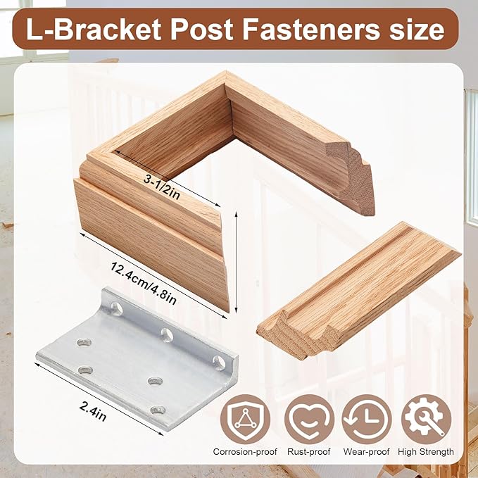 Blulu 2 Set 3-1/2" Newel Post Mounting Kit 8 Pcs L Bracket Metal Post Anchor with 8 Pcs Red Oak Wood Trim Deck Base Fasteners for Fastening Handrails Balustrades to Stairs and Floors
