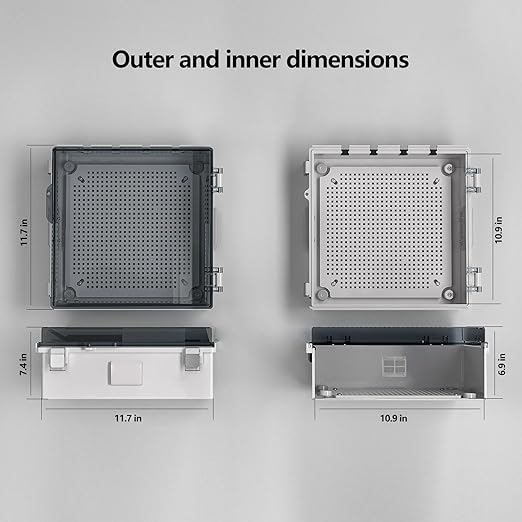 ABS Electrical Junction Box, Ventilated Design, Cable Grommets, IP65 Waterproof Enclosure, Indoor/Outdoor Use with Mounting Panel. (Clear Cover, 11.9"x11.9"x7")