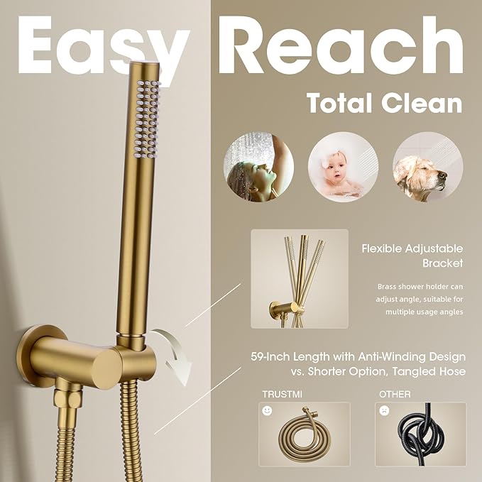 TRUSTMI 12 Inch Shower System with Pressure Balanced Valve Luxury Ceiling Mounted Rainfall and Handheld Shower Head Set Push Button Diverter, Brushed Brass Gold (Rough-In Valve and Trim Kit Include)