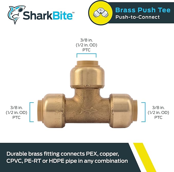 SharkBite 3/8 Inch (1/2 Inch OD) Tee, Push to Connect Brass Plumbing Fitting, PEX Pipe, Copper, CPVC, PE-RT, HDPE, U360LFA