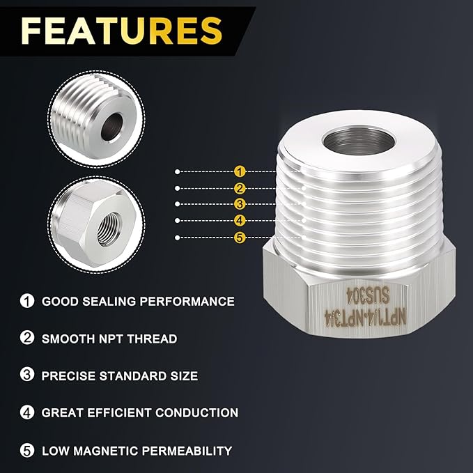 METALLIXITY 5PCS 3/4" Male NPT x 1/4" FeMale NPT Thread 304 Stainless Steel Hex Bushing Extension Tube Adapters Convert for Water Tub Spout/Shower