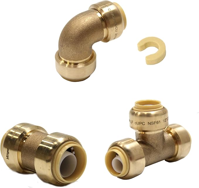 (Pack of 10) EFIELD 1/2 Inch Push Fit Fitting Bundles to Connect Pex, Copper, CPVC -Tee "T" 2 Pieces, Elbow and Coupling 4 Pieces each, with a Disconnect Clip,(PF109)