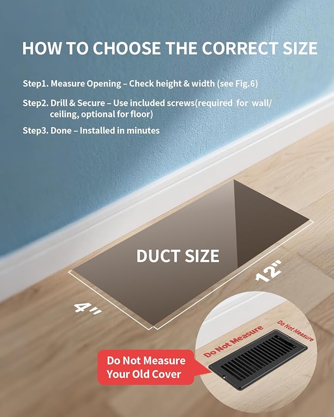 4x12 Floor Regsiter Vent Covers for Home Floor Wall Ceiling - Black with Screws for Easy Installation - Heavy Duty Steel Walkable Finish for Quiet Adjustable Air Vent Cover 4‘’ x 12‘’- 5 Pack