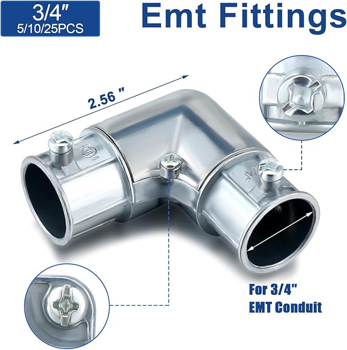 Gisafai 25 Pcs EMT Conduit Fittings Inside Corner Pull Elbow, EMT 90 Degree Metal Conduit Capped Corner Coupling, Combo Head Set Screw, Zinc Die Cast, Silver (3/4 Inch)