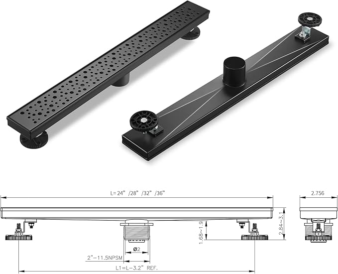 Linear Shower Drain 36 Inch, Bubbles Shower Drain SUS-304 Stainless Steel, 51L/Min Fast Drainage Floor Linear Drain, US Standard CUPC Certified, Matte Black, SD-099