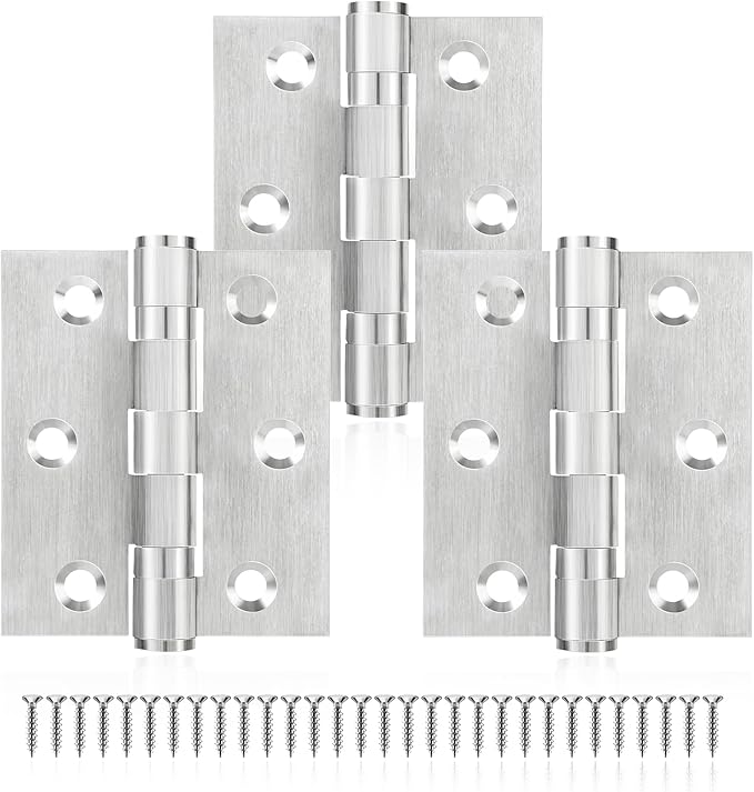 3Pcs Stainless Steel Door Hinges 3 Inch, Heavy Duty Ball Bearing Hinges for Interior Exterior Doors, Square Corner, Max Loading 100LB, Smooth and Quiet, Silver
