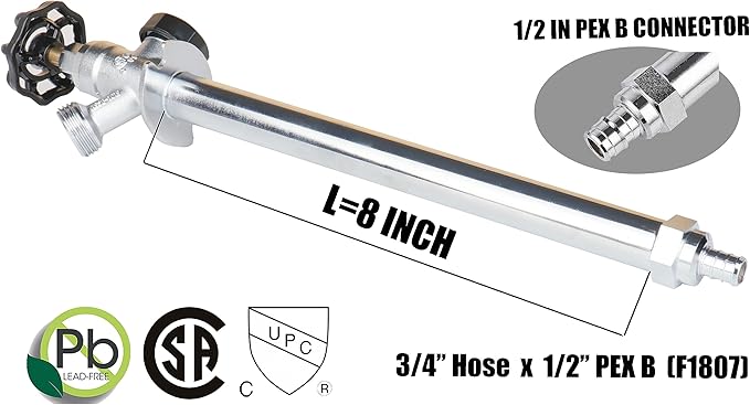 WHK 8 Inch Frost Proof Anti-Siphon Sillcock 1/2 Inch PEX B X 3/4 Inch Hose Bibb, Brass Finish