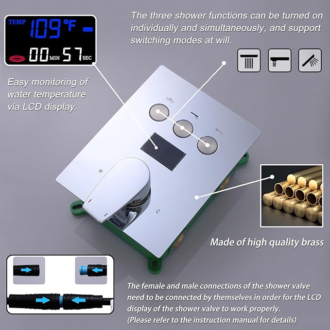 Shower Faucet Set Polished Chrome Shower System Luxury 12 Inch Wall Mounted Full Body Shower System with Body Jets and Handheld Spray, Water Temperature Display Shower Fixtures