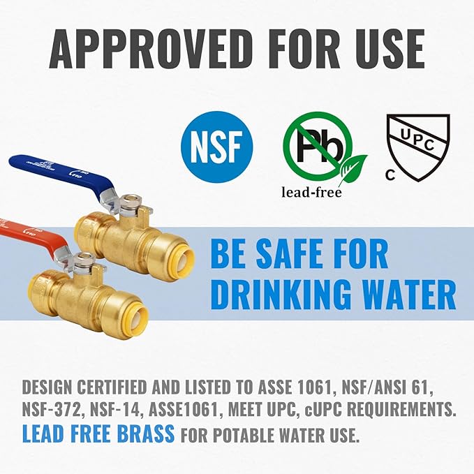 Shut Off Ball Valve 1/2 Inch, SUNGATOR 1/2 Inch Ball Valve, Push-to-Connect Water Shutoff, Easily Match to Pipe using Red and Blue Handle, No Lead Brass Fittings for PEX Pipe, Copper, CPVC, Pack of 6