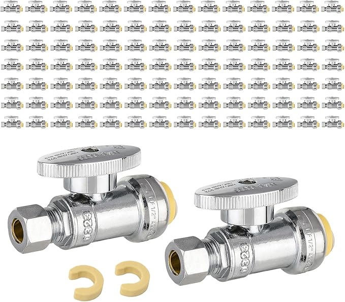 (Pack of 100) EFIELD Push Fit 1/4 Turn Straight Stop Valve Water Shut Off 1/2 Push x 3/8 Inch Compression Chrome with a Disconnect Clip,(PF-VALVE021-100PCS)
