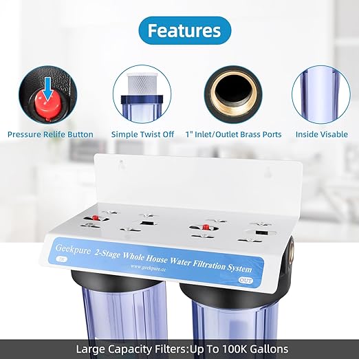 Geekpure 2 Stage Whole House Water Filter System with 20-Inch Big Clear Filter Housing -1" NPT