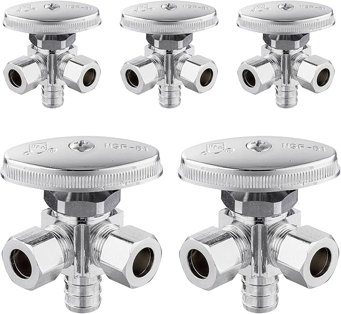 (Pack of 5) Seelink Multi-Turn Dual Outlet Angle Stop Valve, 1/2" Pex Crimp F1807 Pipe Inlet x (3/8 inch x 3/8 inch) Compression Outlets, Chrome Plated Brass