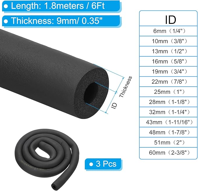 PATIKIL 1/2"(13mm) ID x 6Ft Pipe Insulation Foam Tube, 3Pcs Pipe Cover Wrap Roll Bar Padding Tubing for Handle Grip HVAC Outdoor Air Conditioner Units