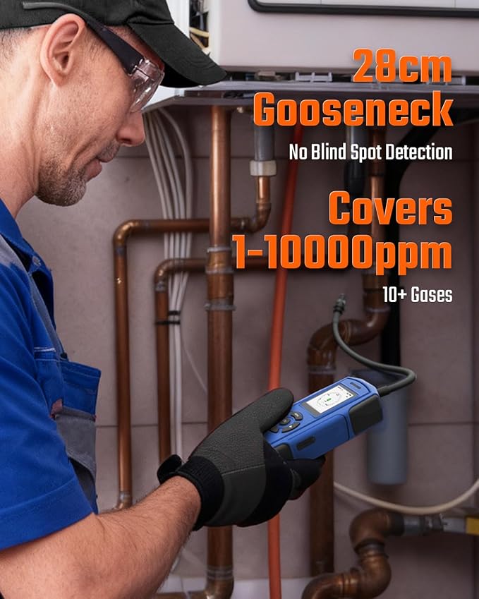 TopTes PT-990 Rechargeable Gas Leak Detector with 11 inch Probe, Detection Range 0-10000 ppm, Data Logging & 3 Types Alarm, Natural Gas Detector for Propane, Methane for Industrial & Home - Blue